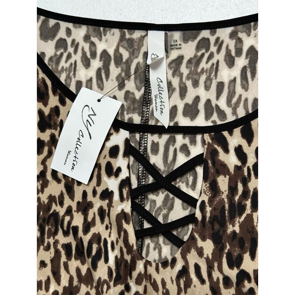 NY Collection NWT Leopard Print 3/4 Sleeve Midi Shift Dress Plaid Hem Stretch 2X - Picture 4 of 7